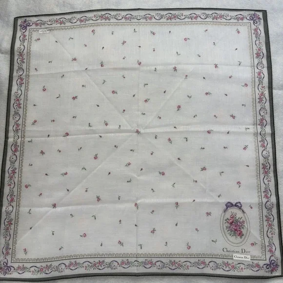 CHRISTIAN DIOR Scarf Handkerchief Floral Rose Ribbon Cotton White Fashion 18.5" - Picture 2 of 4